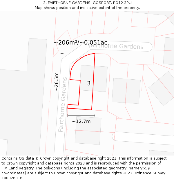 3, FAIRTHORNE GARDENS, GOSPORT, PO12 3PU: Plot and title map