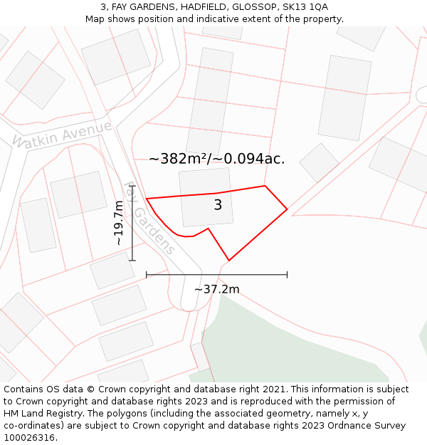 3, FAY GARDENS, HADFIELD, GLOSSOP, SK13 1QA: Plot and title map