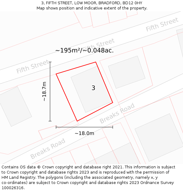 3, FIFTH STREET, LOW MOOR, BRADFORD, BD12 0HY: Plot and title map