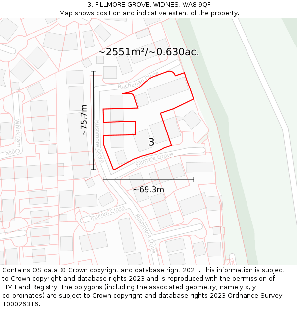 3, FILLMORE GROVE, WIDNES, WA8 9QF: Plot and title map