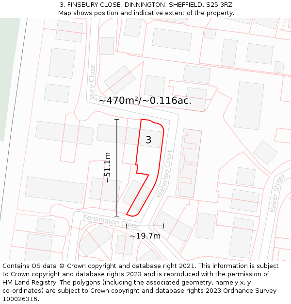 3, FINSBURY CLOSE, DINNINGTON, SHEFFIELD, S25 3RZ: Plot and title map