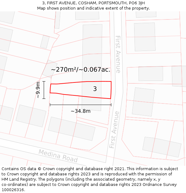 3, FIRST AVENUE, COSHAM, PORTSMOUTH, PO6 3JH: Plot and title map