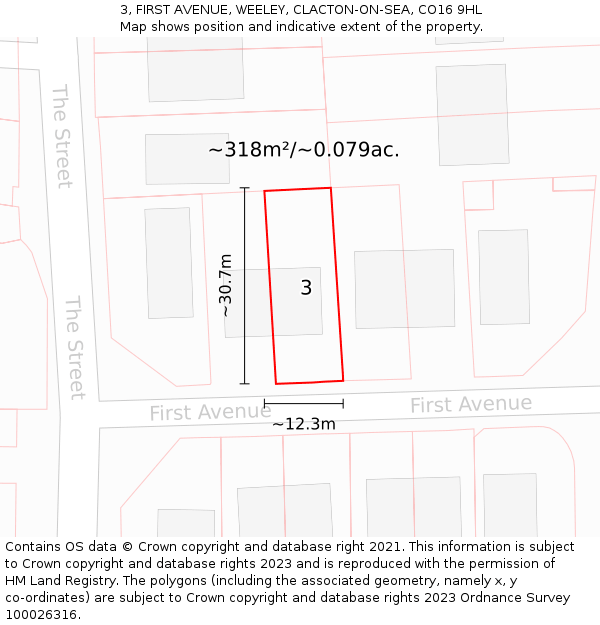 3, FIRST AVENUE, WEELEY, CLACTON-ON-SEA, CO16 9HL: Plot and title map