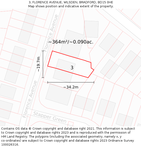 3, FLORENCE AVENUE, WILSDEN, BRADFORD, BD15 0HE: Plot and title map