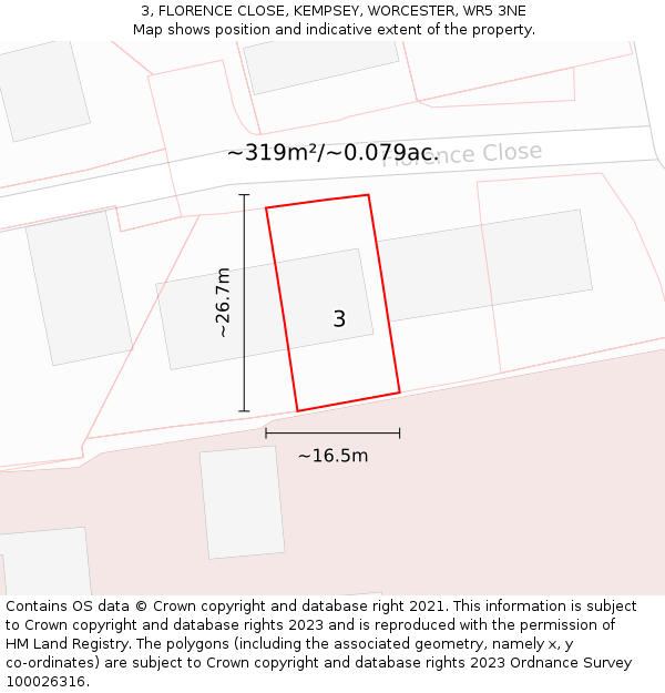 3, FLORENCE CLOSE, KEMPSEY, WORCESTER, WR5 3NE: Plot and title map