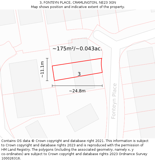 3, FONTEYN PLACE, CRAMLINGTON, NE23 3GN: Plot and title map