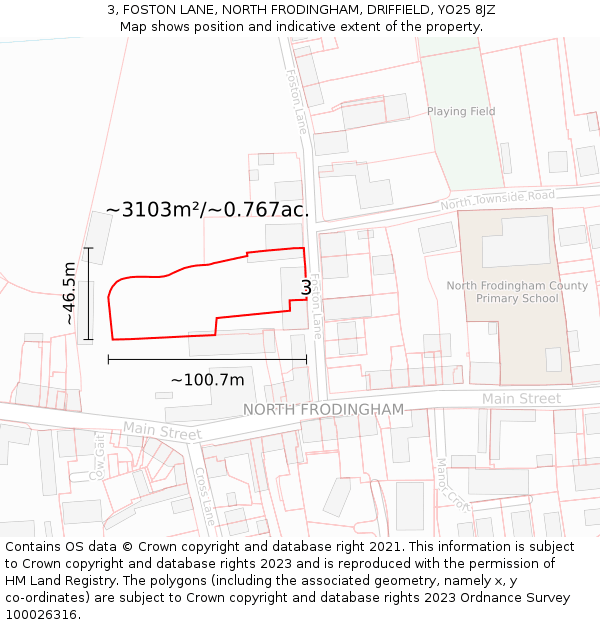 3, FOSTON LANE, NORTH FRODINGHAM, DRIFFIELD, YO25 8JZ: Plot and title map