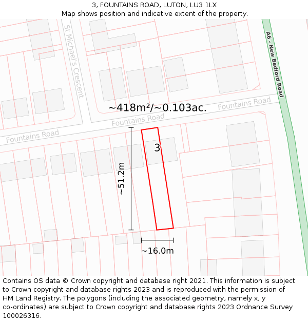 3, FOUNTAINS ROAD, LUTON, LU3 1LX: Plot and title map