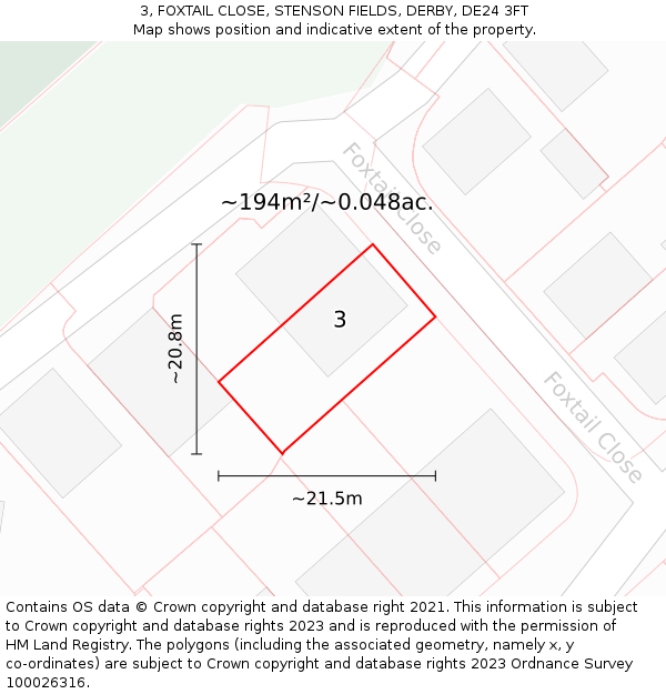 3, FOXTAIL CLOSE, STENSON FIELDS, DERBY, DE24 3FT: Plot and title map