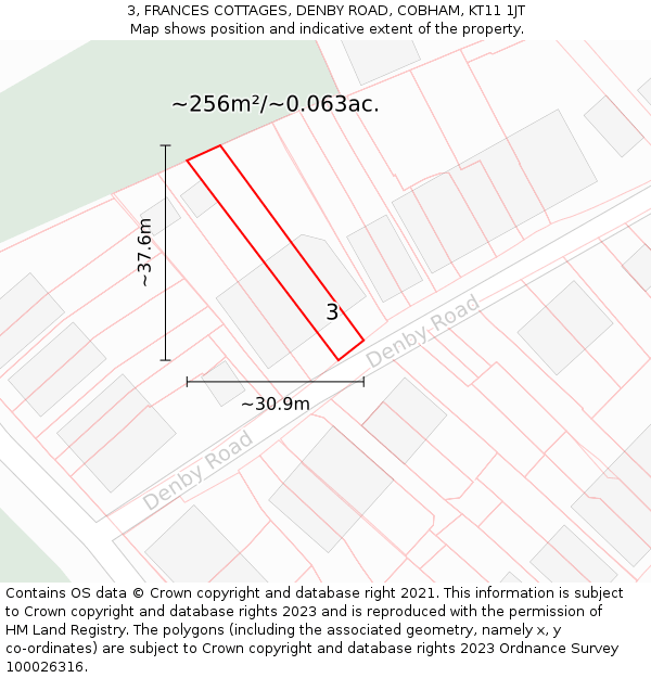 3, FRANCES COTTAGES, DENBY ROAD, COBHAM, KT11 1JT: Plot and title map