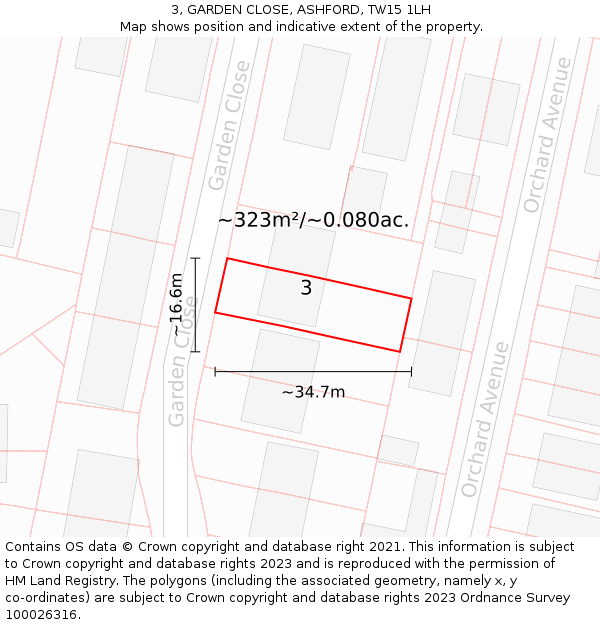 3, GARDEN CLOSE, ASHFORD, TW15 1LH: Plot and title map