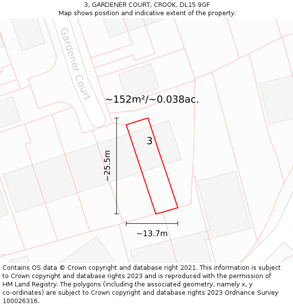 3, GARDENER COURT, CROOK, DL15 9GF: Plot and title map