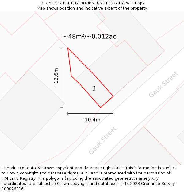 3, GAUK STREET, FAIRBURN, KNOTTINGLEY, WF11 9JS: Plot and title map