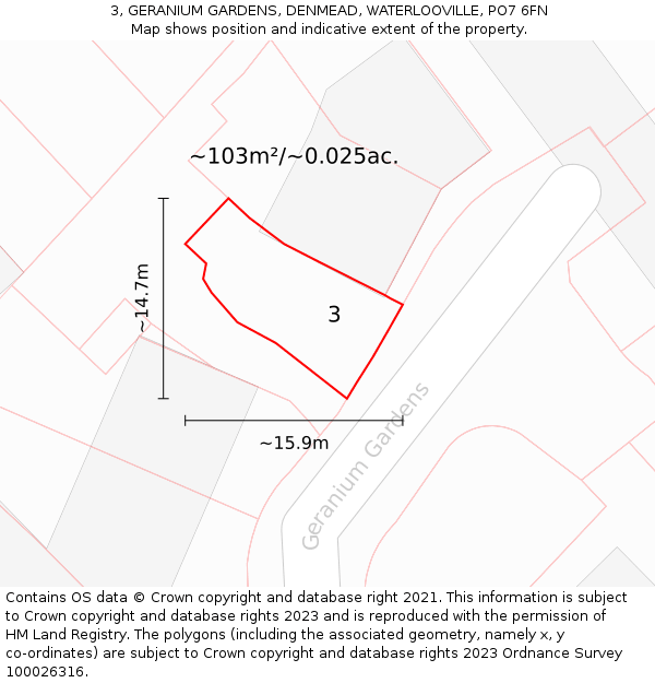 3, GERANIUM GARDENS, DENMEAD, WATERLOOVILLE, PO7 6FN: Plot and title map