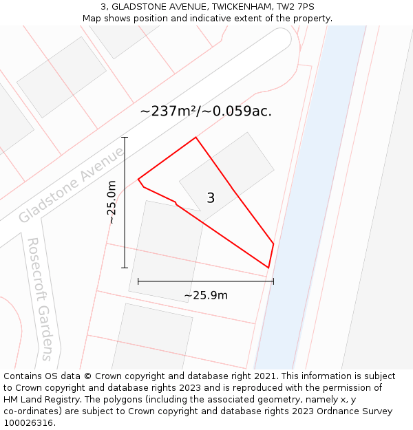 3, GLADSTONE AVENUE, TWICKENHAM, TW2 7PS: Plot and title map