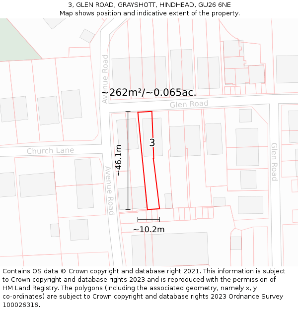 3, GLEN ROAD, GRAYSHOTT, HINDHEAD, GU26 6NE: Plot and title map