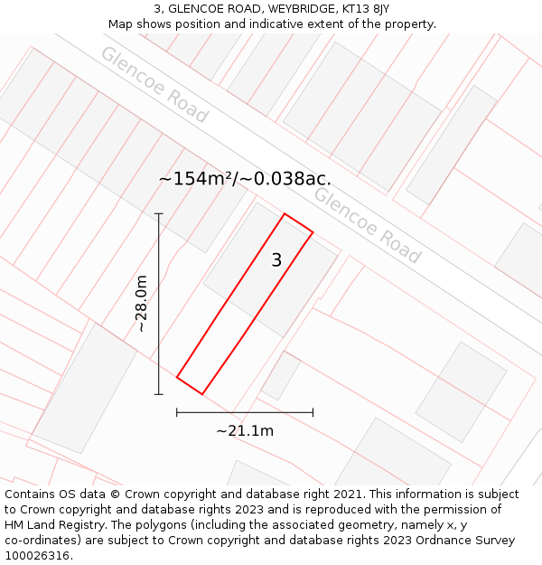 3, GLENCOE ROAD, WEYBRIDGE, KT13 8JY: Plot and title map