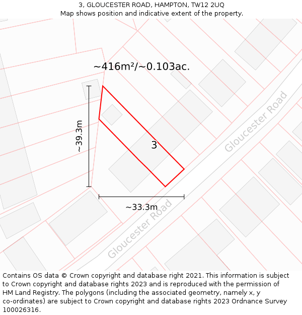 3, GLOUCESTER ROAD, HAMPTON, TW12 2UQ: Plot and title map