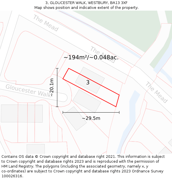 3, GLOUCESTER WALK, WESTBURY, BA13 3XF: Plot and title map