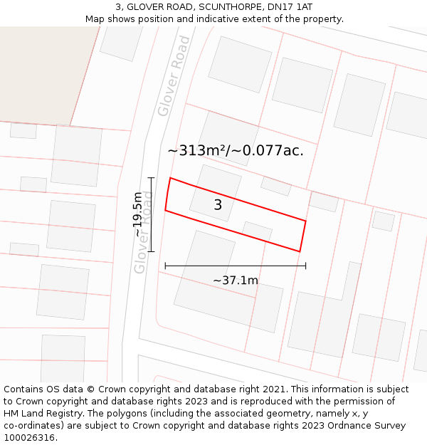 3, GLOVER ROAD, SCUNTHORPE, DN17 1AT: Plot and title map