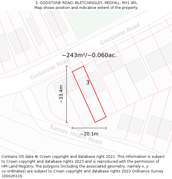 3, GODSTONE ROAD, BLETCHINGLEY, REDHILL, RH1 4PL: Plot and title map