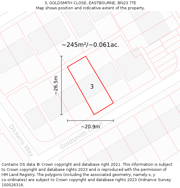 3, GOLDSMITH CLOSE, EASTBOURNE, BN23 7TE: Plot and title map