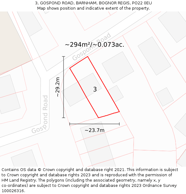 3, GOSPOND ROAD, BARNHAM, BOGNOR REGIS, PO22 0EU: Plot and title map