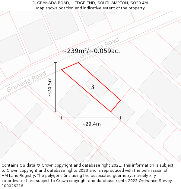 3, GRANADA ROAD, HEDGE END, SOUTHAMPTON, SO30 4AL: Plot and title map