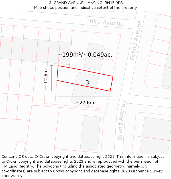 3, GRAND AVENUE, LANCING, BN15 9PS: Plot and title map