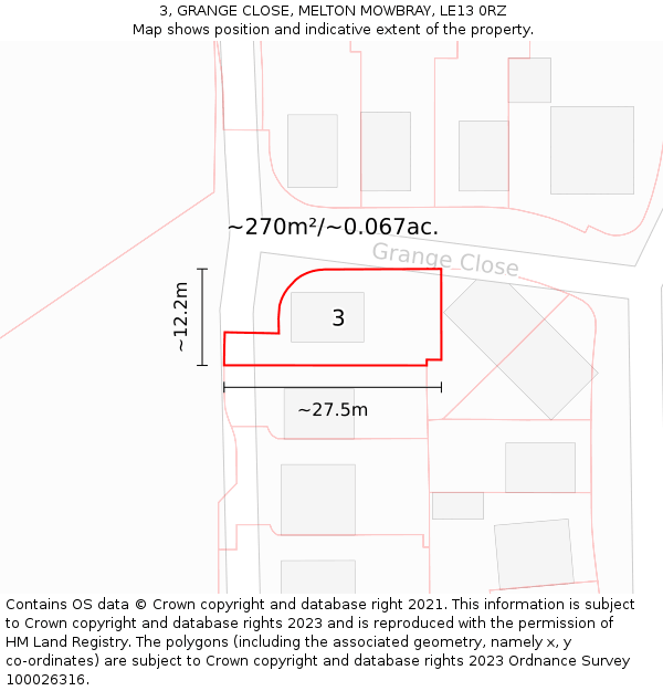 3, GRANGE CLOSE, MELTON MOWBRAY, LE13 0RZ: Plot and title map