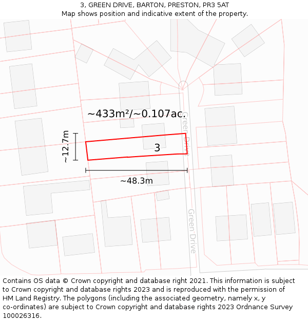 3, GREEN DRIVE, BARTON, PRESTON, PR3 5AT: Plot and title map