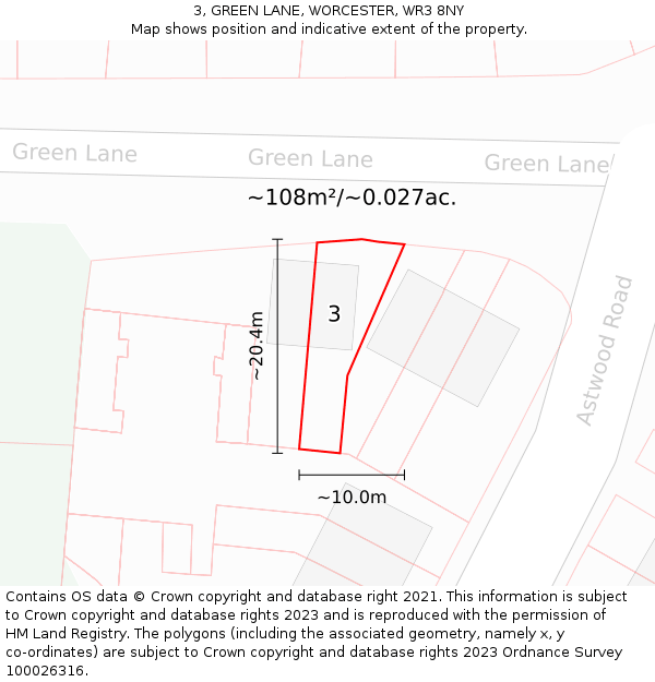 3, GREEN LANE, WORCESTER, WR3 8NY: Plot and title map