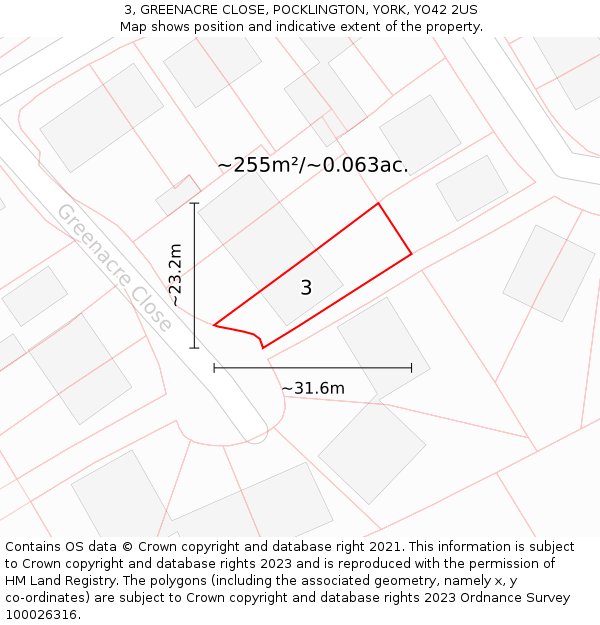 3, GREENACRE CLOSE, POCKLINGTON, YORK, YO42 2US: Plot and title map