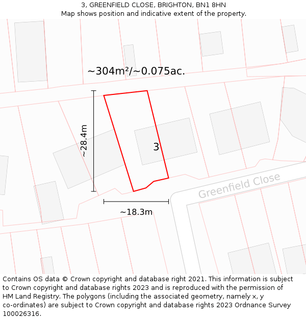 3, GREENFIELD CLOSE, BRIGHTON, BN1 8HN: Plot and title map