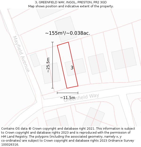 3, GREENFIELD WAY, INGOL, PRESTON, PR2 3GD: Plot and title map