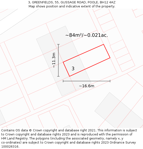 3, GREENFIELDS, 55, GUSSAGE ROAD, POOLE, BH12 4AZ: Plot and title map