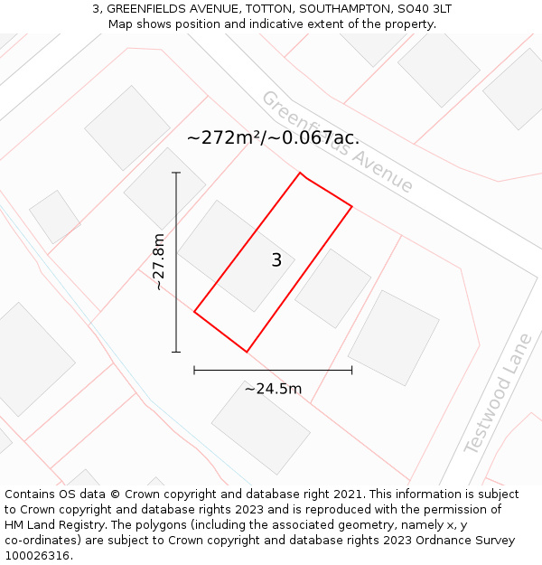 3, GREENFIELDS AVENUE, TOTTON, SOUTHAMPTON, SO40 3LT: Plot and title map