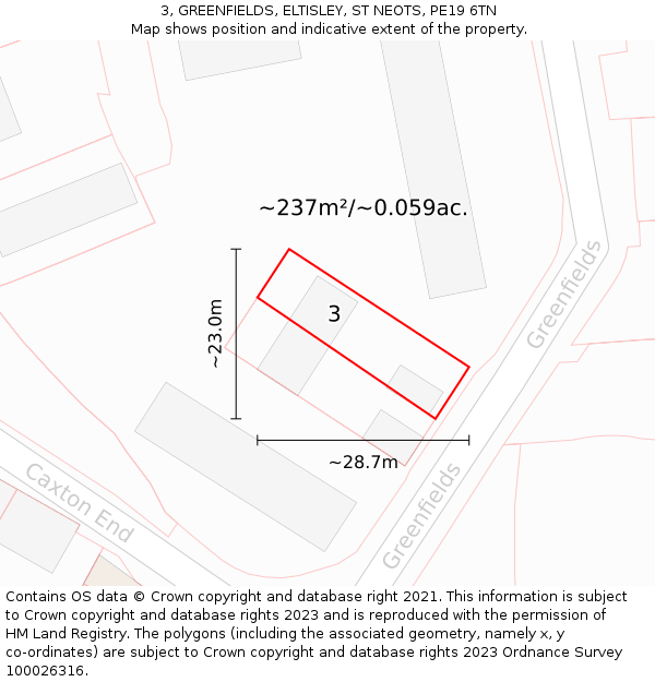 3, GREENFIELDS, ELTISLEY, ST NEOTS, PE19 6TN: Plot and title map