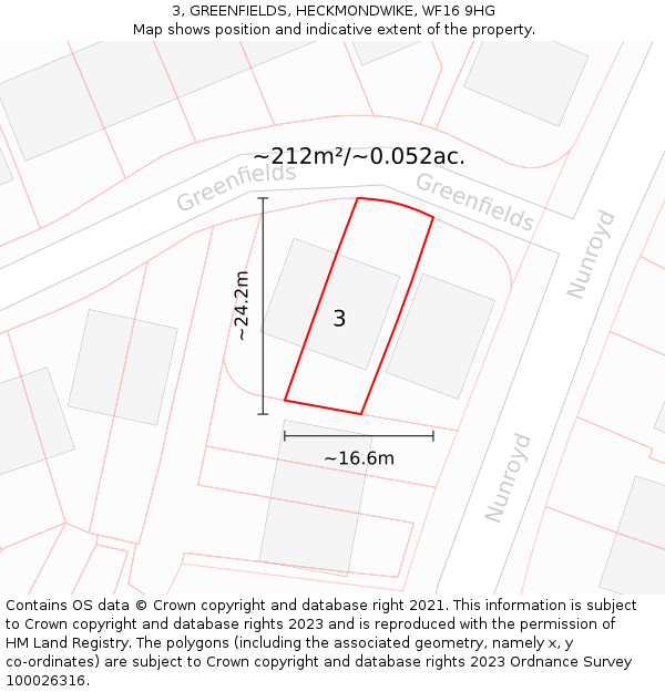 3, GREENFIELDS, HECKMONDWIKE, WF16 9HG: Plot and title map