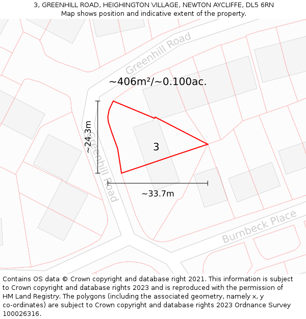 3, GREENHILL ROAD, HEIGHINGTON VILLAGE, NEWTON AYCLIFFE, DL5 6RN: Plot and title map