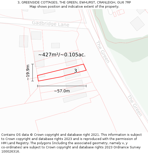 3, GREENSIDE COTTAGES, THE GREEN, EWHURST, CRANLEIGH, GU6 7RP: Plot and title map