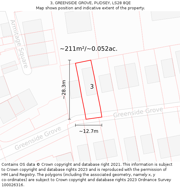 3, GREENSIDE GROVE, PUDSEY, LS28 8QE: Plot and title map