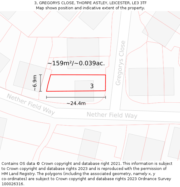 3, GREGORYS CLOSE, THORPE ASTLEY, LEICESTER, LE3 3TF: Plot and title map