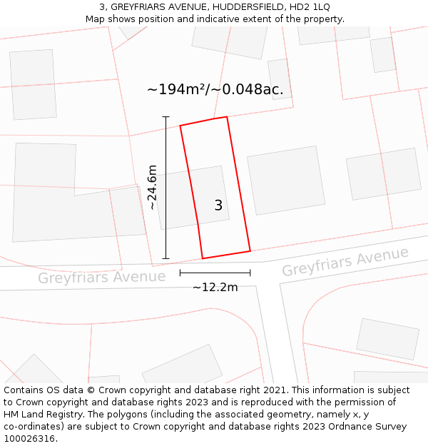 3, GREYFRIARS AVENUE, HUDDERSFIELD, HD2 1LQ: Plot and title map