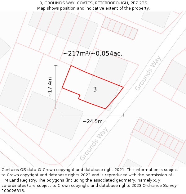 3, GROUNDS WAY, COATES, PETERBOROUGH, PE7 2BS: Plot and title map