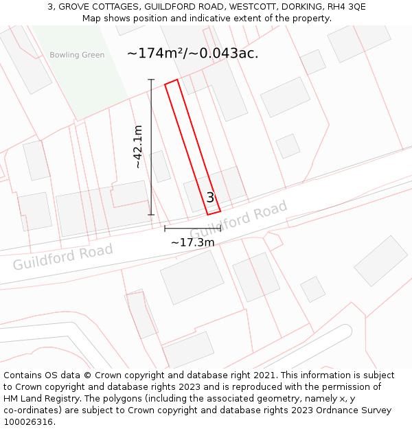 3, GROVE COTTAGES, GUILDFORD ROAD, WESTCOTT, DORKING, RH4 3QE: Plot and title map