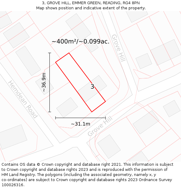 3, GROVE HILL, EMMER GREEN, READING, RG4 8PN: Plot and title map