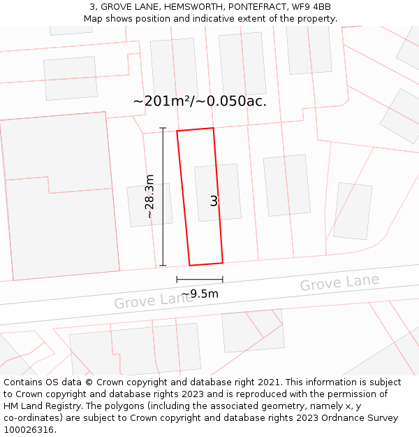 3, GROVE LANE, HEMSWORTH, PONTEFRACT, WF9 4BB: Plot and title map