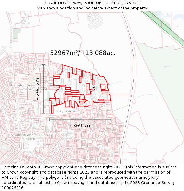 3, GUILDFORD WAY, POULTON-LE-FYLDE, FY6 7UD: Plot and title map