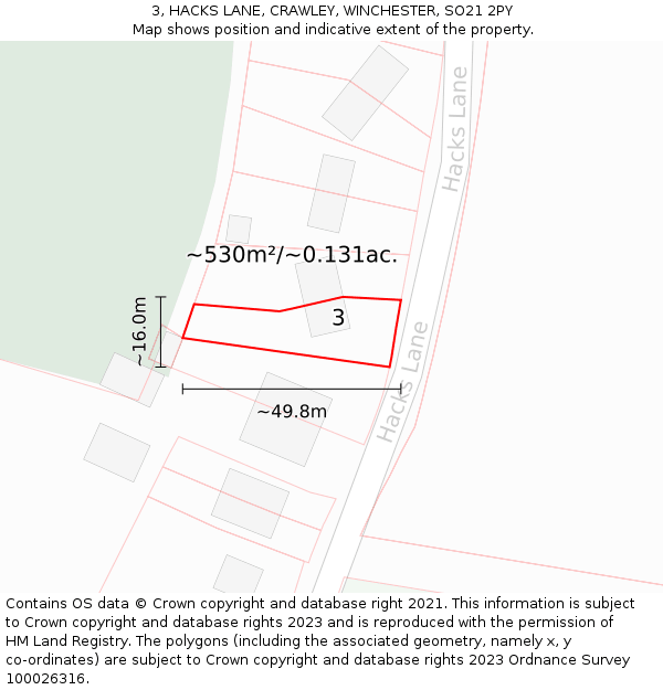 3, HACKS LANE, CRAWLEY, WINCHESTER, SO21 2PY: Plot and title map